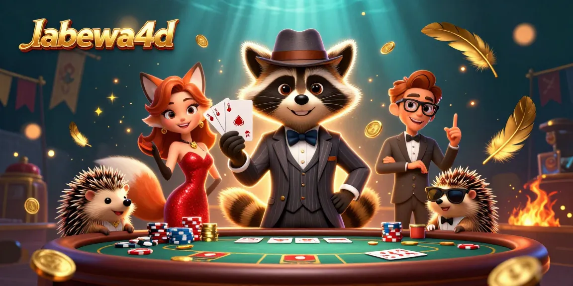 Jelajahi labewa4d dengan rakun bergaya dalam permainan poker yang mendebarkan, dikelilingi koin emas dan efek atmosfer api.
