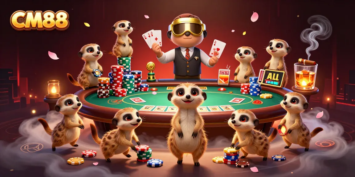 Meerkats run a vibrant casino operation with CM88 branding as poker elements surround them.