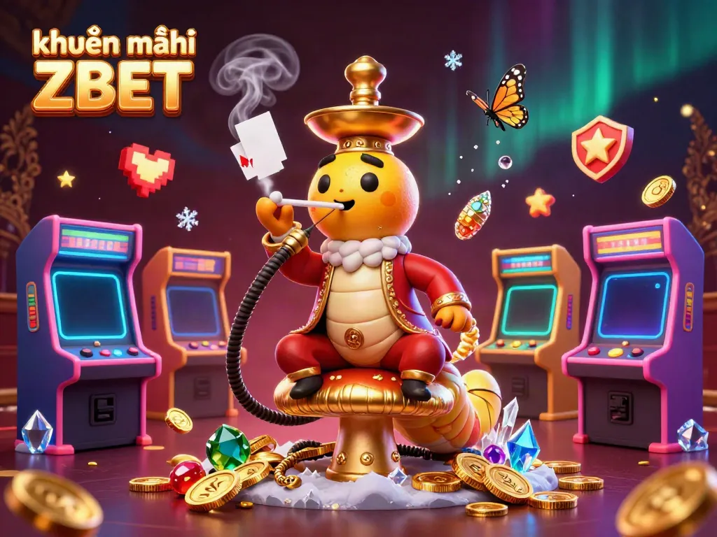 Engage with khuyến mãi ZBET through a vibrant scene of a unique caterpillar hookah-master and casino gaming elements.