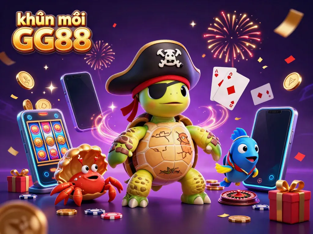Engaging khuyến mãi GG88 illustration featuring a pirate turtle, treasure, and casino games.