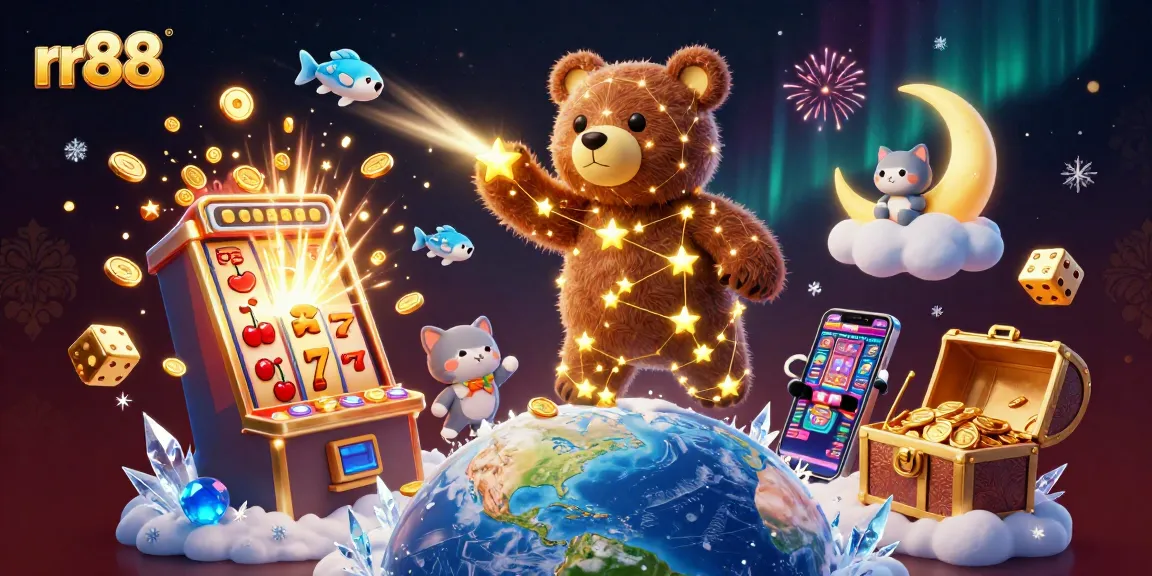 rr88 showcases a magical bear collecting coins while surrounded by vibrant casino elements