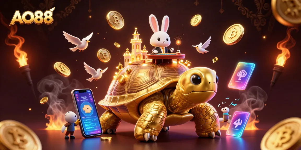 AO88 showcases a vibrant 3D casino scene with a golden tortoise and crypto elements in action.