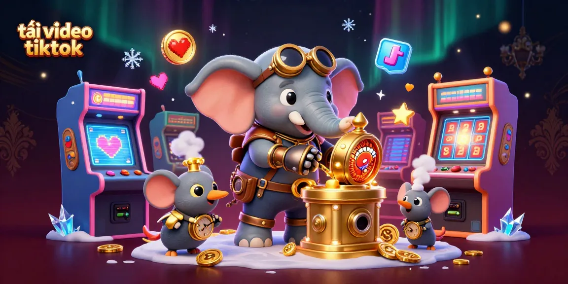 Download TikTok videos without watermark using the vibrant scene of a 3D steampunk elephant operating a golden slot machine.