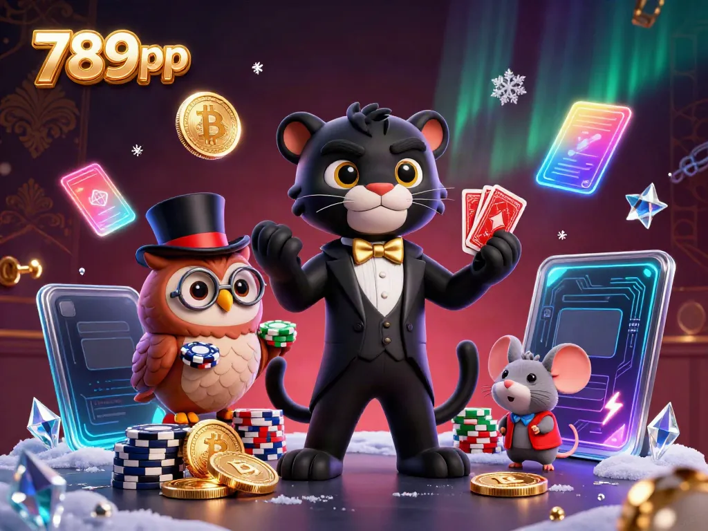 Experience the excitement of 789pp with a stylish cartoon panther dealing cards, an owl with poker chips, and a lucky mouse.