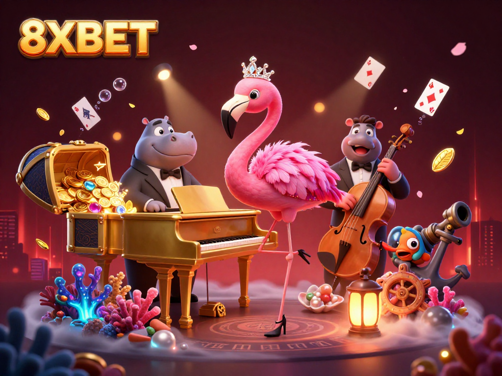 Engage with exciting 8XBET games as casino characters gather in a vibrant 3D illustration.