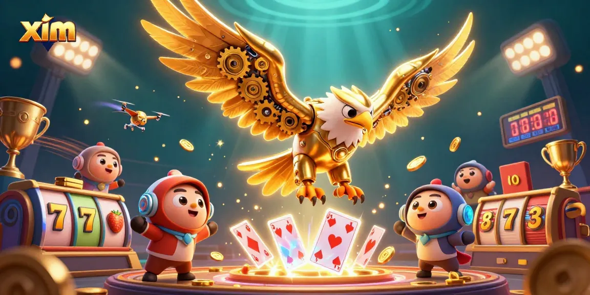 Experience thrilling gameplay at xim with dynamic golden eagle diving through holographic cards.