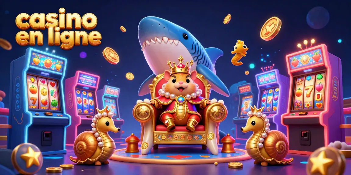 Jouez à casino en ligne avec notre roi hamster combattant entouré de machines à sous colorées.