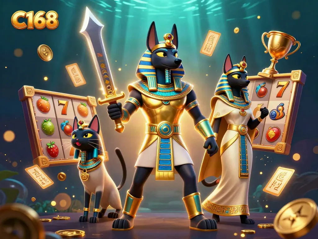 C168 showcases a thrilling 3D casino atmosphere with Anubis and Bastet in a vibrant gaming scene.