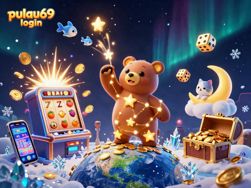 Experience pulau69 login and win with this vibrant 3D casino-themed illustration.
