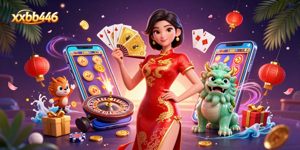Experience thrilling gaming at xxbb446 with a vibrant casino illustration showcasing exciting slot games and cards.