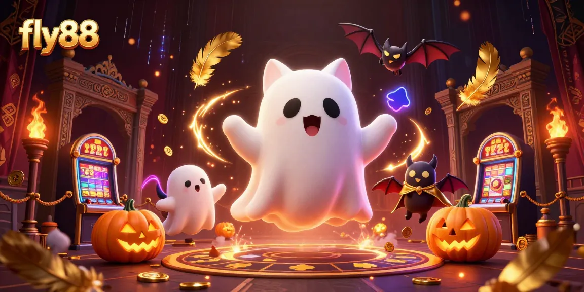 Experience thrilling moments at fly88 with a ghost cat and vampire bat in a vibrant casino scene.