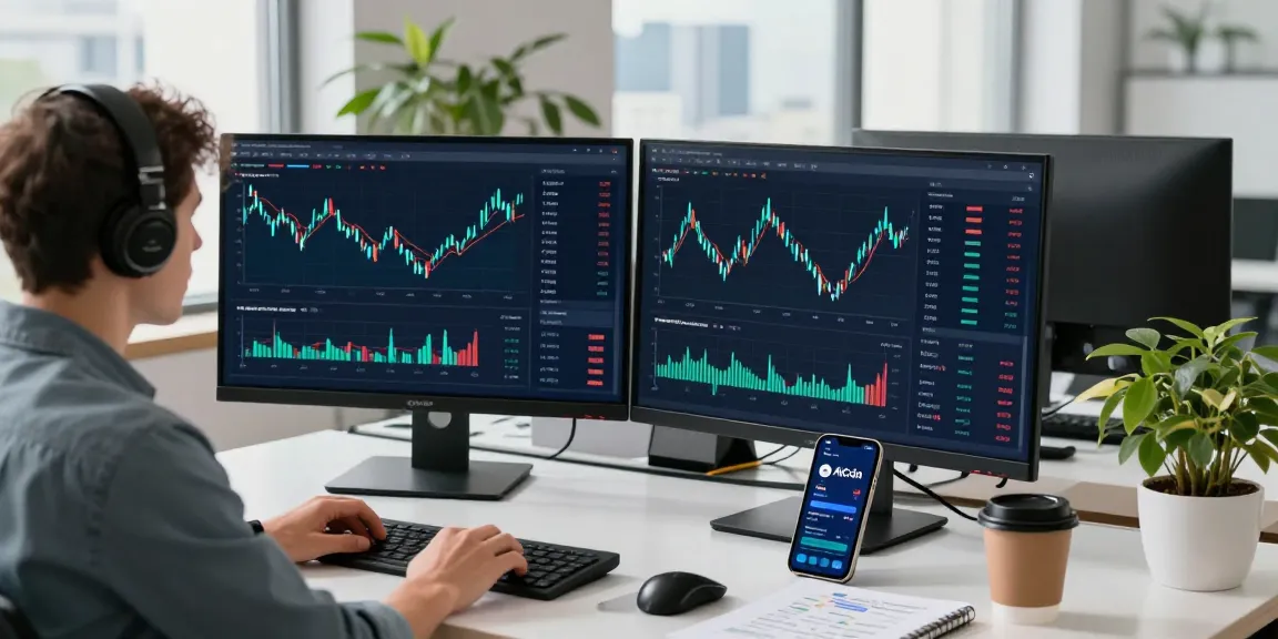 AiCoin应用在现代工作环境中展示加密货币市场数据，图表生动。