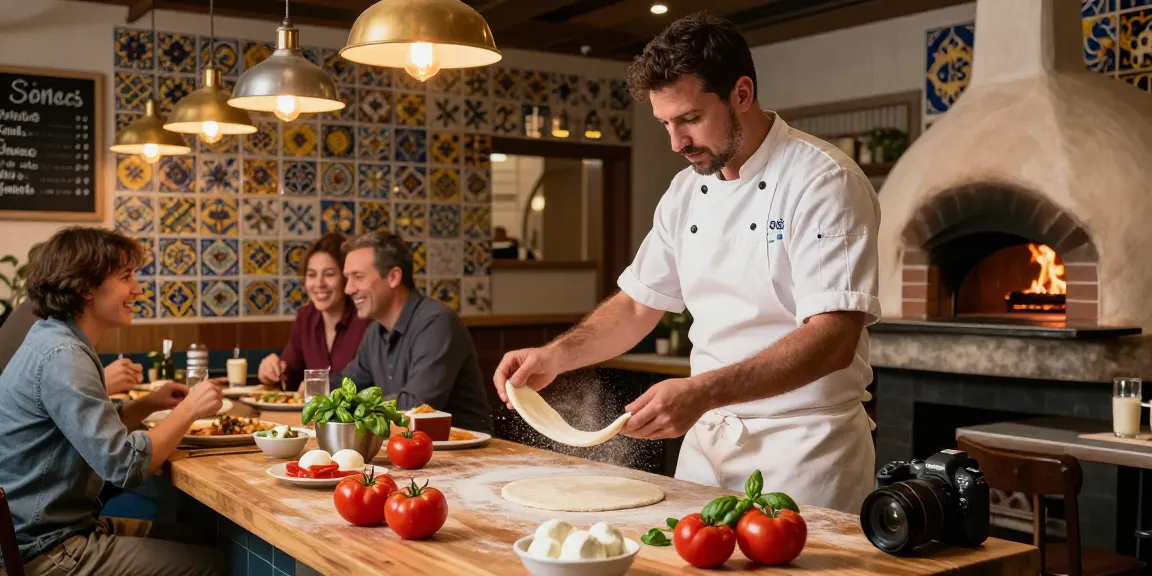 Chef tossing pizza dough in cozy restaurant, highlighting slot menu items