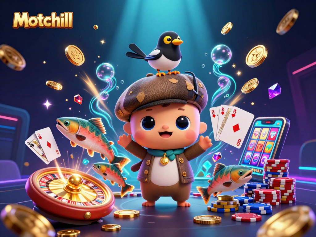 Engage with Motchill's vibrant online gaming scene featuring characters and animated casino elements.