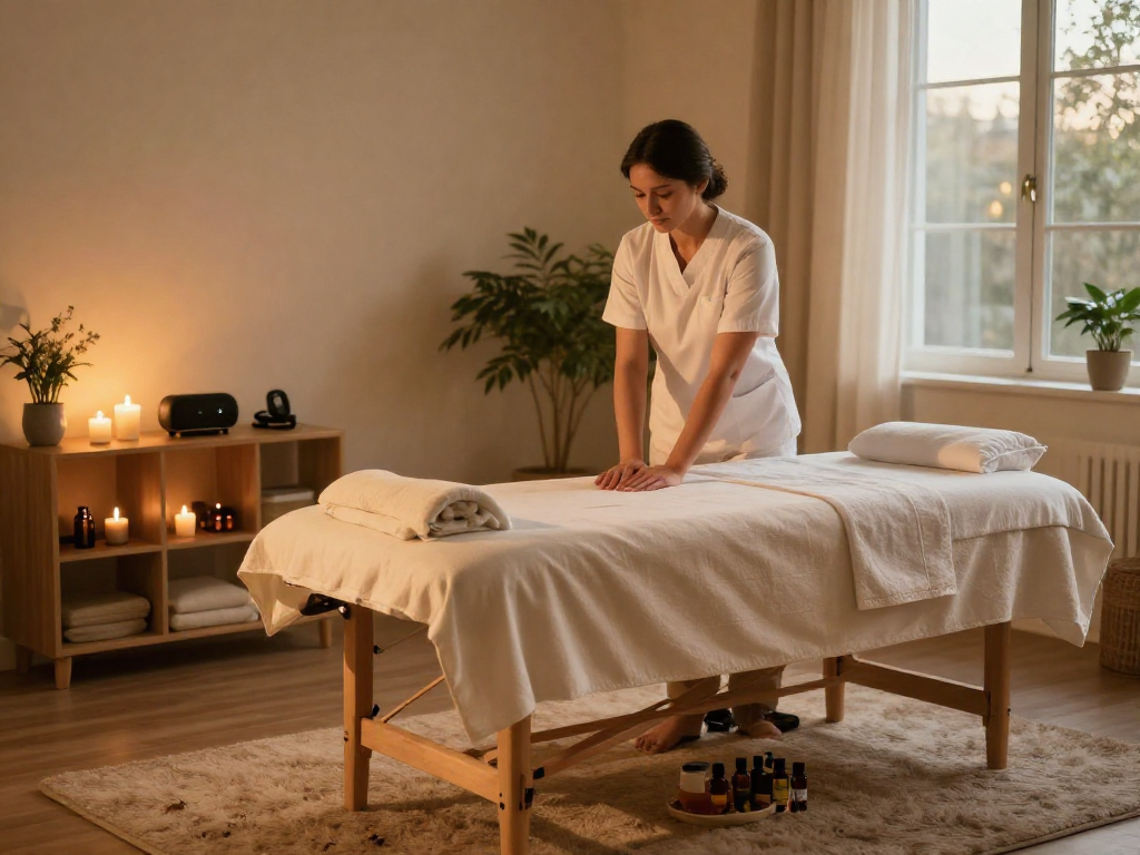Engaging 은평구출장마사지 therapist preparing a calming massage environment for customer relaxation.