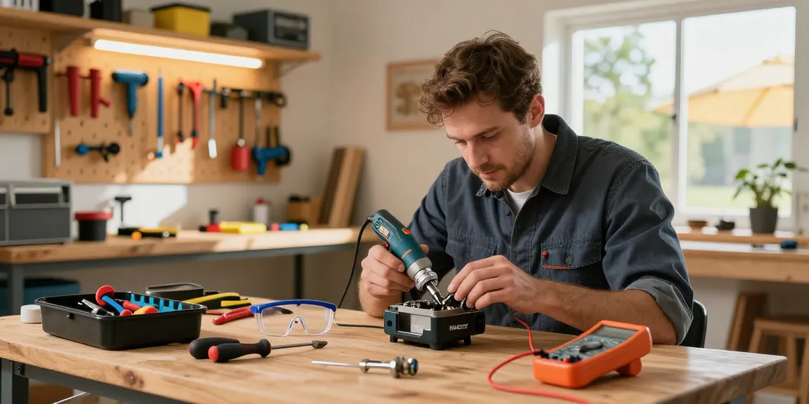 NAGA2000 power tool repair process in a bright home workshop, technician inspecting tool components.