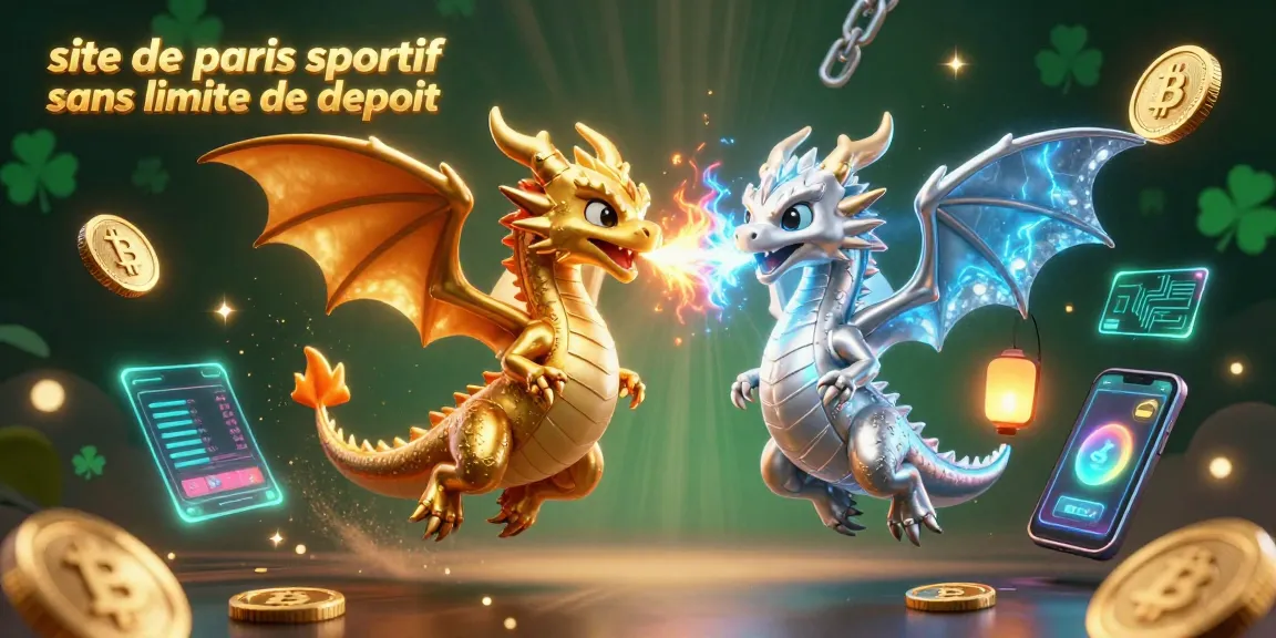 Visualisez le site de paris sportif sans limite de dépôt avec des dragons et des pièces crypto scintillantes.