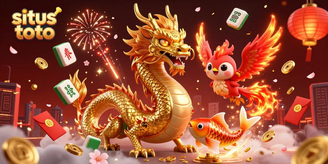 Experience winning with situs toto in this vibrant casino-themed illustration featuring dragons and lucky koi.