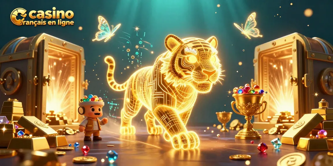 Visitez le meilleur casino francais en ligne avec une illustration captivante d'un tigre doré dans un paysage numérique.