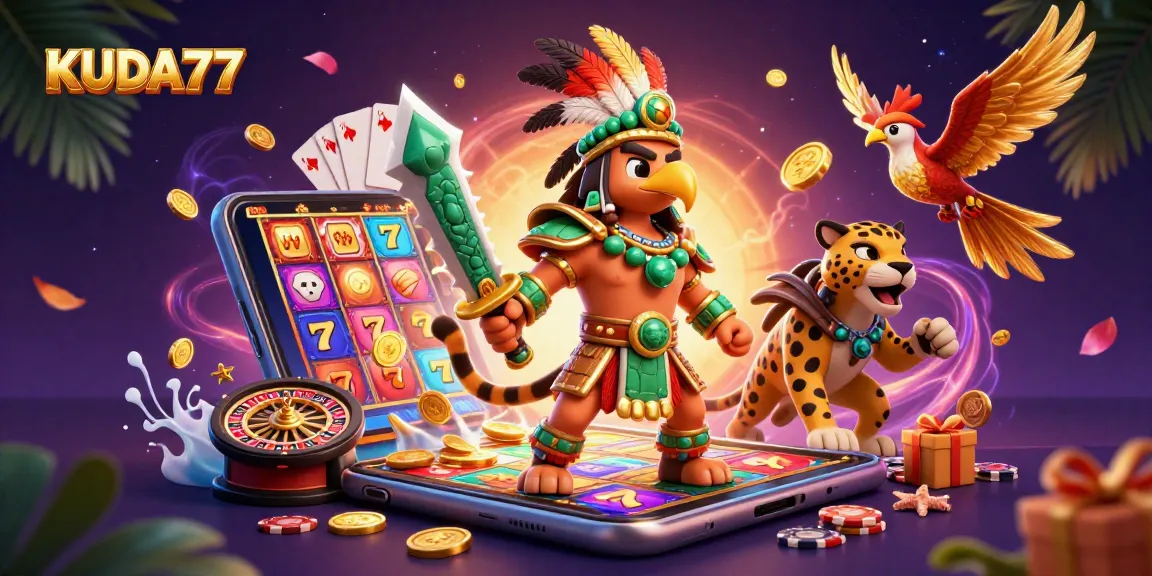 KUDA77 tampilkan slot gacor dengan gulungan berputar dan mata uang emas yang menghujani layar ponsel.