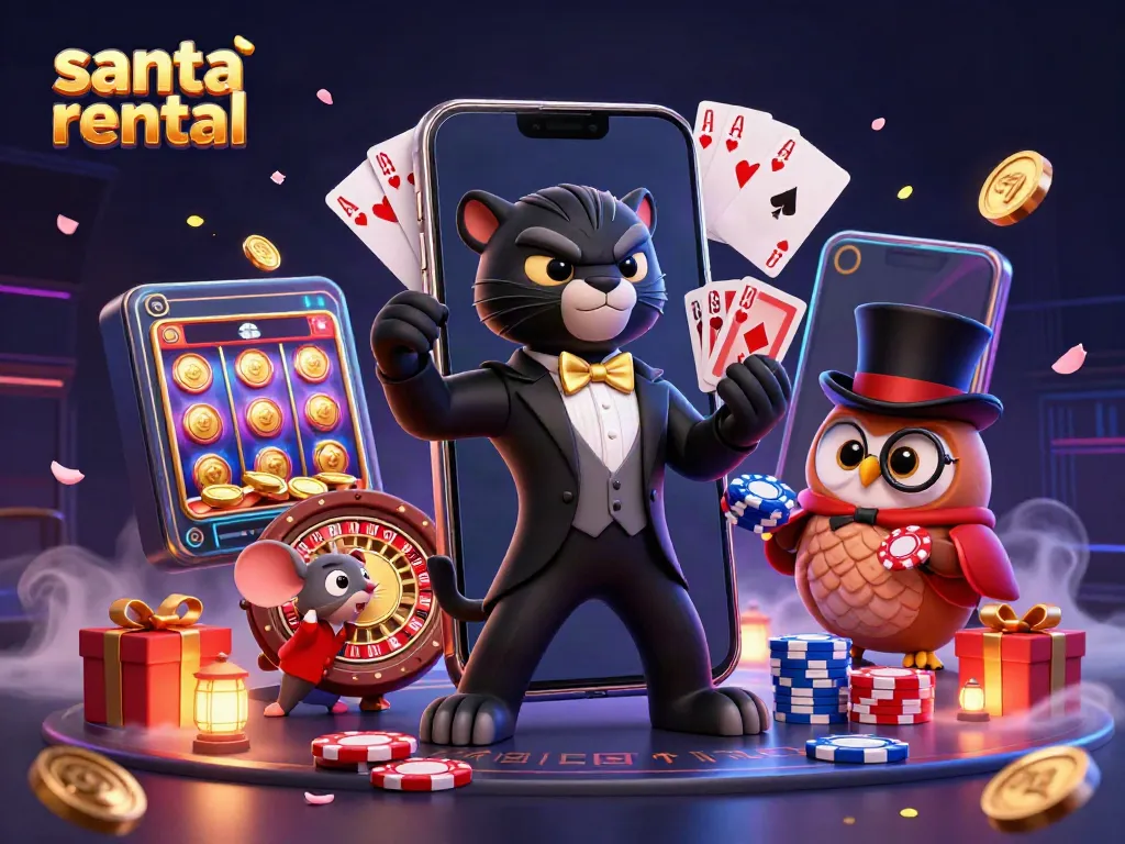 Engage in a festive santa rental experience with a tuxedoed panther dealer amidst vibrant casino elements.