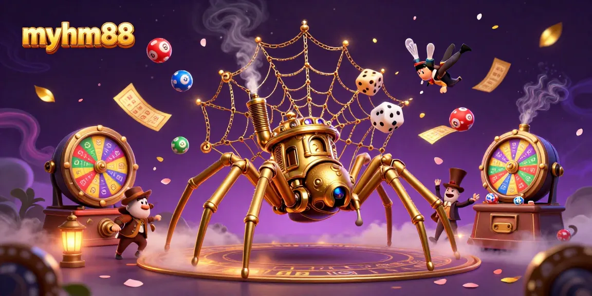 Spin to win with myhm88 as the steampunk spider weaves fortune-themed elements in a vibrant casino scene.