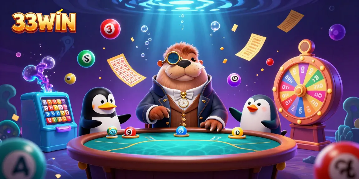 Engage with 33WIN as a jolly walrus plays poker underwater, surrounded by vibrant casino elements.