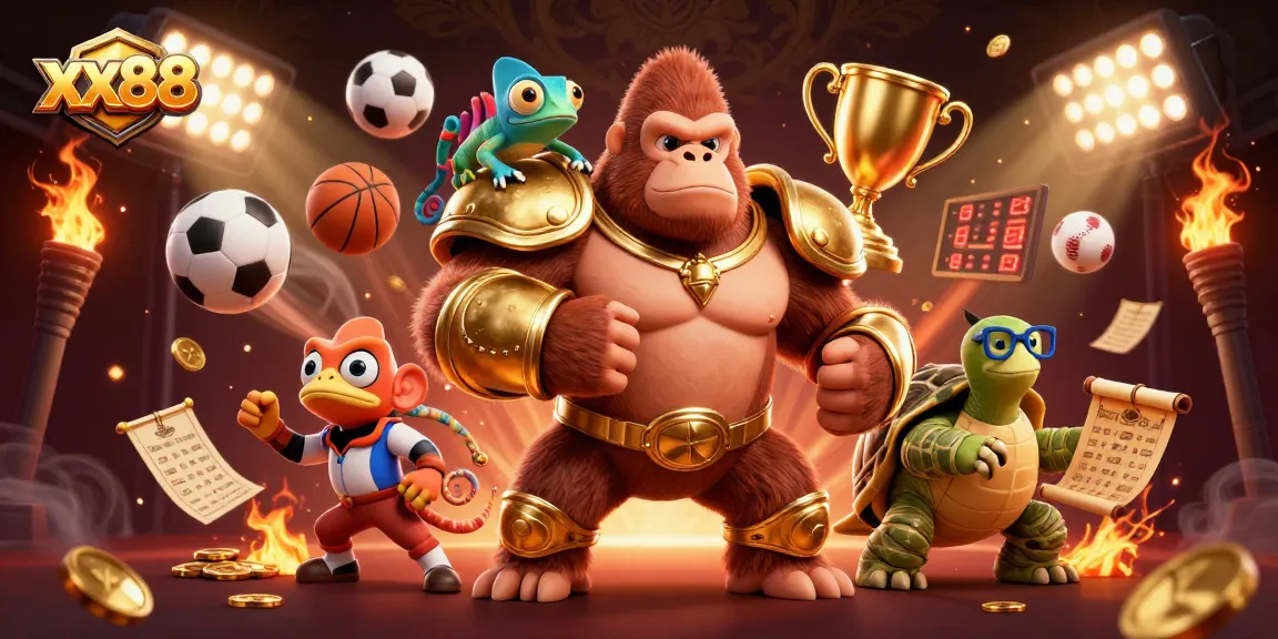 Engaging illustration of xx88 featuring a powerful gorilla king, sports elements, and gambling symbols.