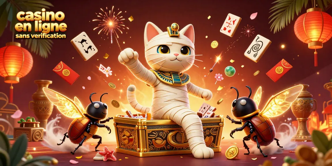 Participez à l'excitation des jeux au casino en ligne sans vérification avec un chat momie égyptien dynamique et ses compagnons.
