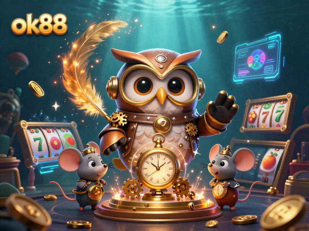 Experience excitement at ok88 with a dynamic casino scene featuring a steampunk owl, thrilling slot reels, and vibrant gaming elements.