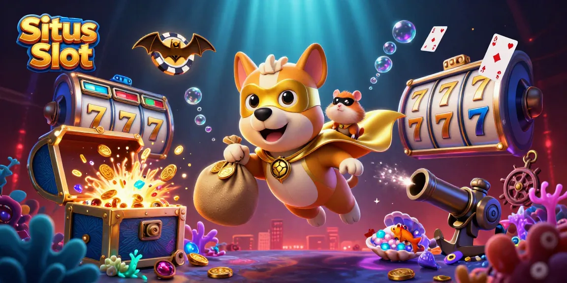 Situs Slot showcasing a heroic dog and a hamster amidst gold coins, dynamic casino elements, and vibrant colors