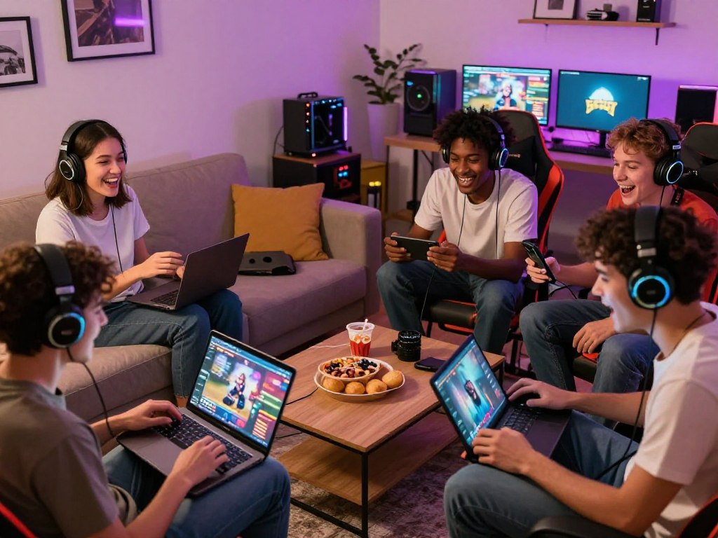 Engaging scene of players enjoying porn games on different devices in a cozy setting.