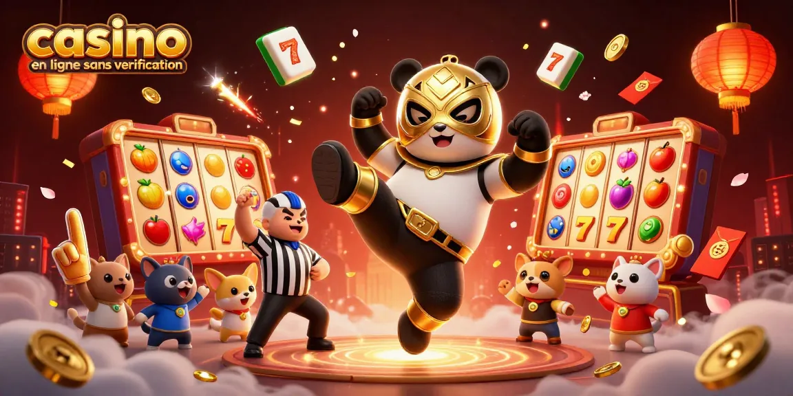 Visualisez le monde captivant du casino en ligne sans vérification avec ce panda lutteur dynamique et d'autres personnages animés dans une scène festive.