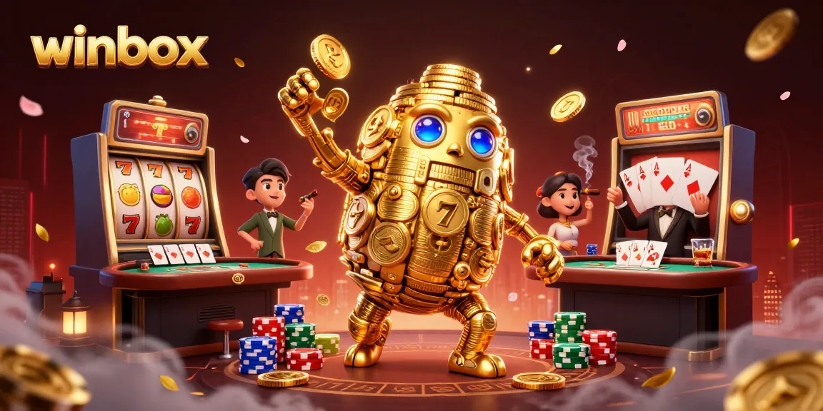 Experience the thrill of winbox with a golden golem surrounded by vibrant casino elements and dynamic game features.