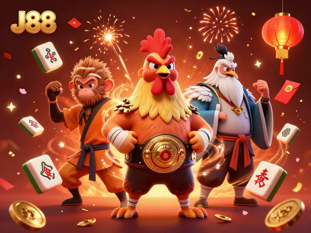 The J88-themed illustration shows a fierce Muay Thai rooster and martial artists celebrating with colorful casino elements.