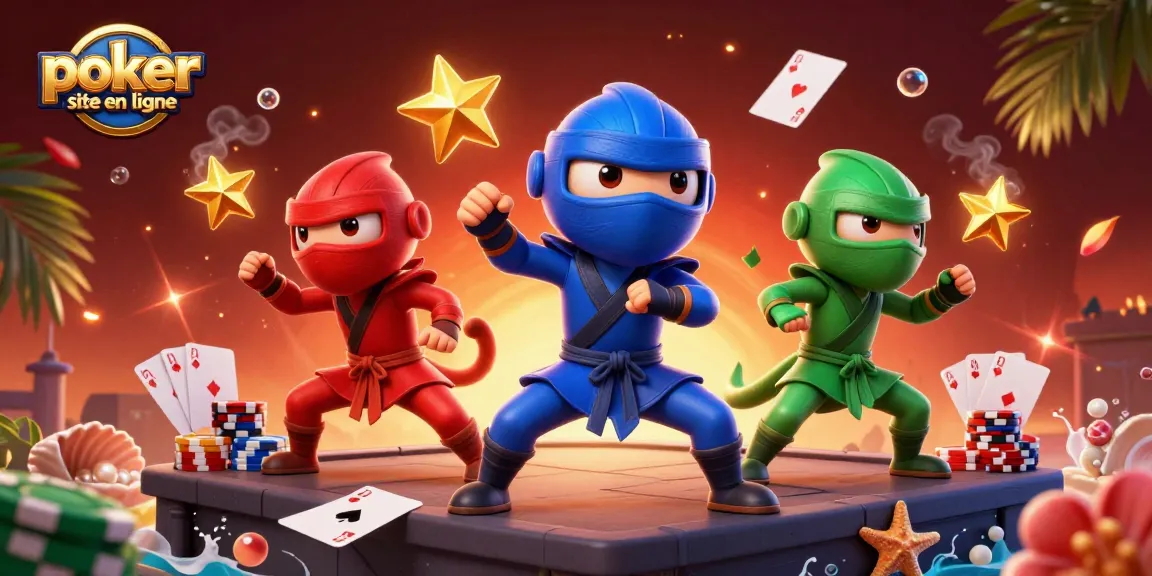 Illustration dynamique représentant un site de poker en ligne avec des ninjas caméléons en action et des cartes flottantes.