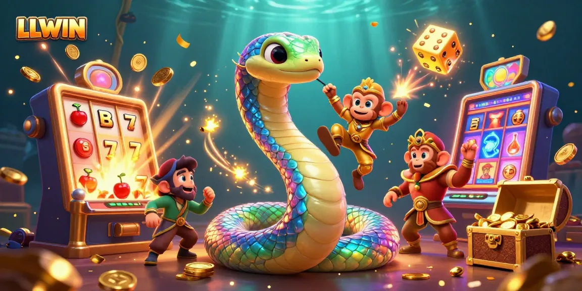 LLWIN offers thrilling casino action with a rainbow serpent and playful monkey king in an enchanting scene.