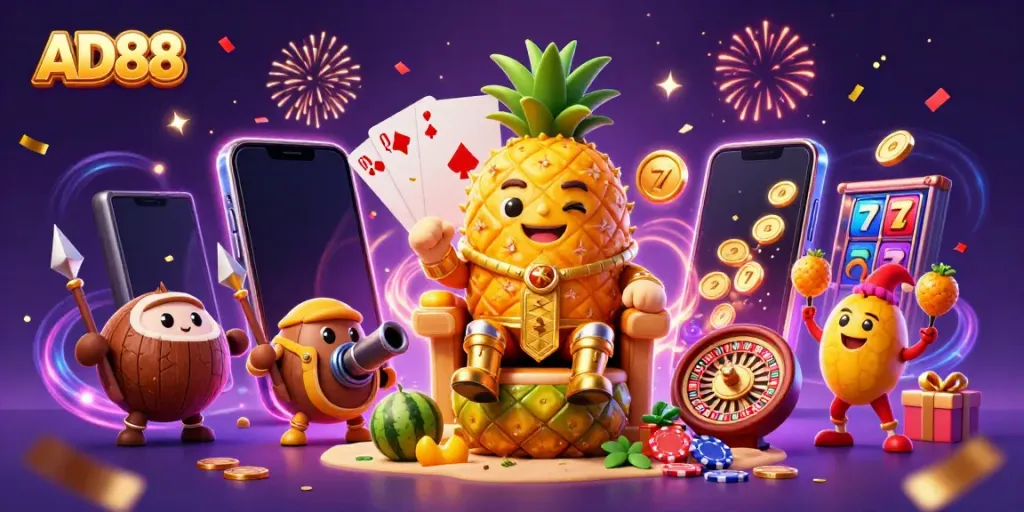 Engaging scene showcasing AD88's beach casino with a pineapple king, loyal coconut guards, and a juggling mango.