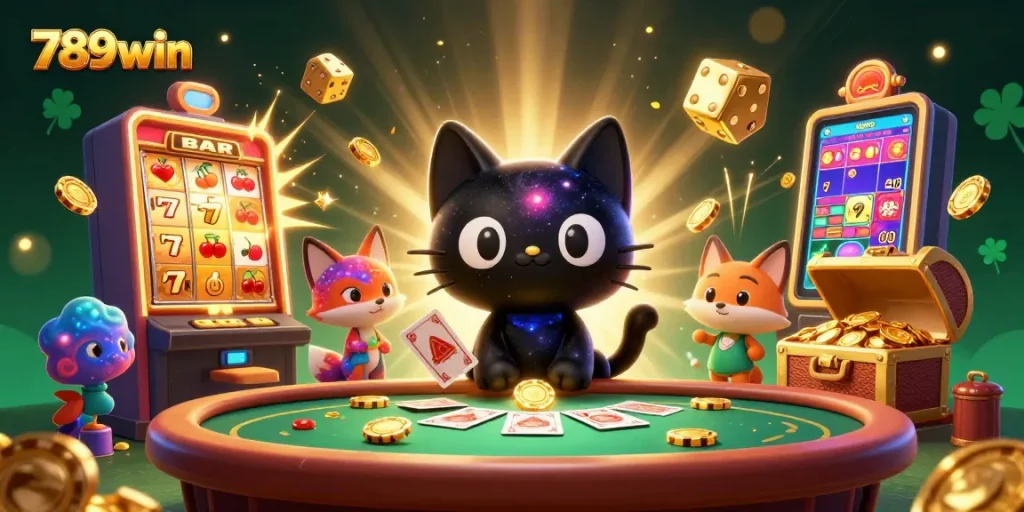 Spin the reels with 789win's dynamic casino scene featuring cosmic characters and joyful gaming elements.