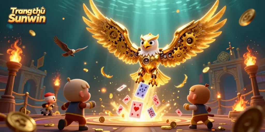 Engage with thrilling gameplay as you discover Trang chủ Sunwin, featuring a cybernetic eagle amidst cards and gold.