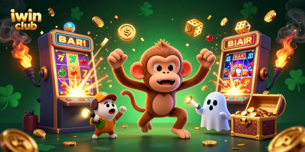 Engage with thrilling iwin club casino games featuring a mischievous monkey and a curious puppy.