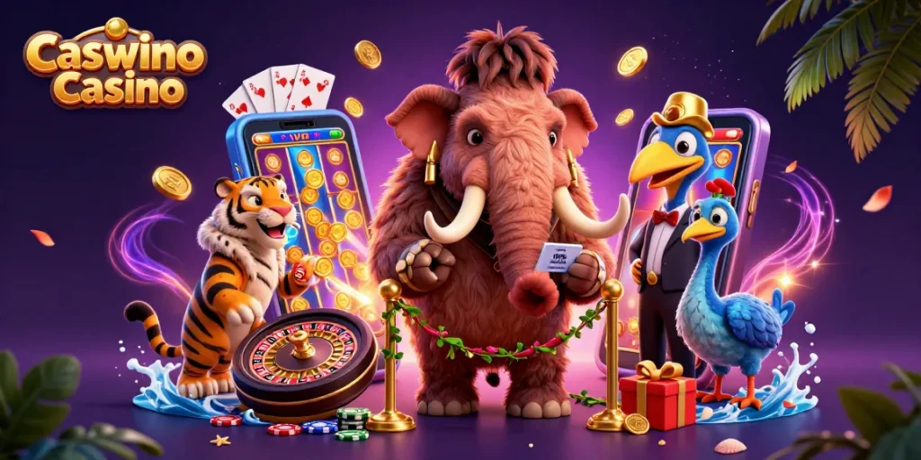 Experience excitement at Caswino Casino with vibrant games and entertaining characters in a bustling casino scene.