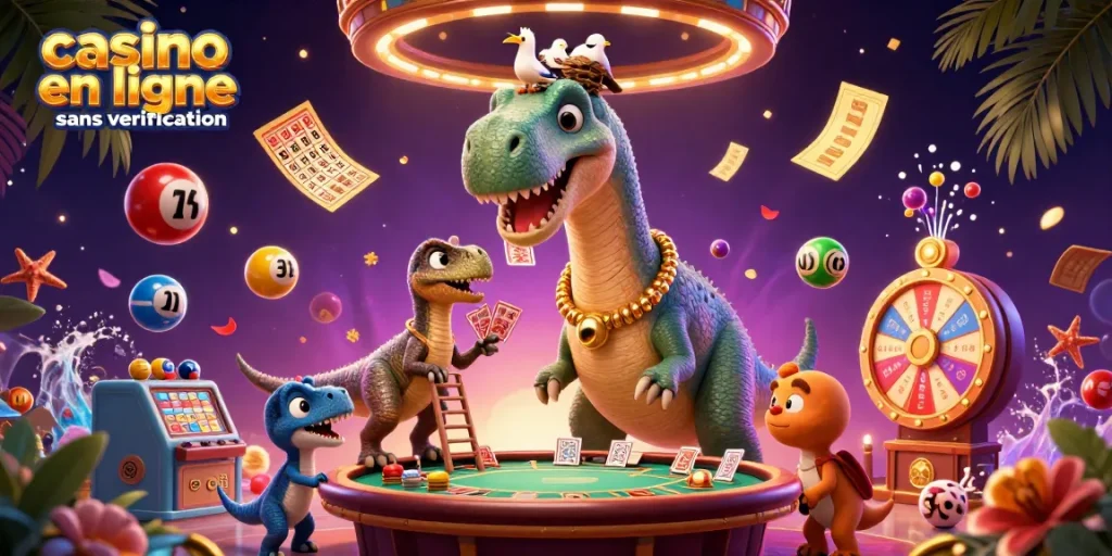 Plongez dans un univers de jeux avec notre illustration créée autour d'un casino en ligne sans vérification, animée par des personnages colorés et dynamiques.