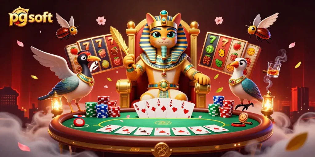 Experience the thrilling world of pg soft slots with a dynamic 3D scene showcasing Egyptian-themed characters and games.