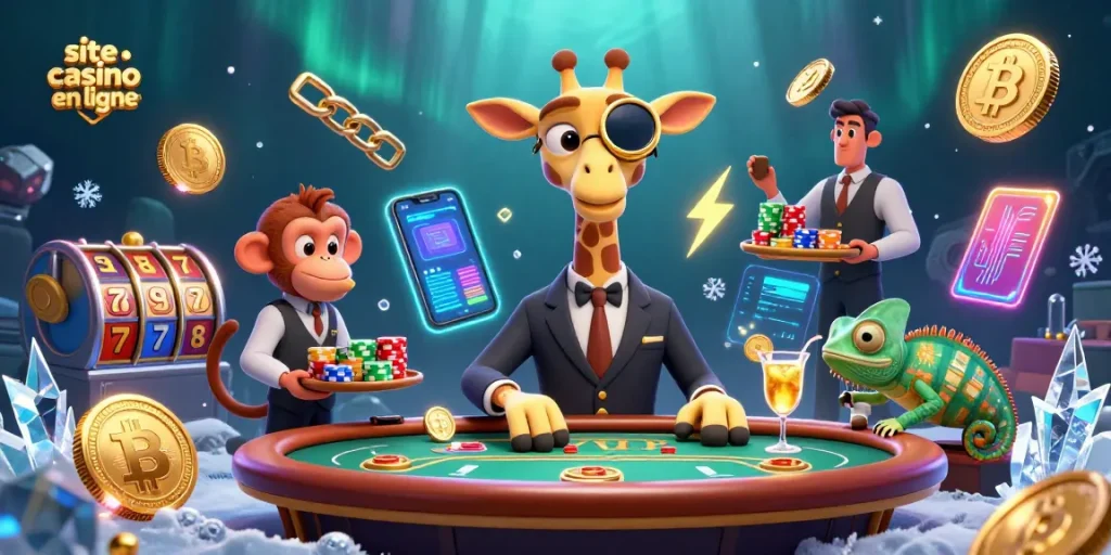 Jouez sur un site casino en ligne avec des jackpots, des pièces de bitcoin, et une atmosphère festive.