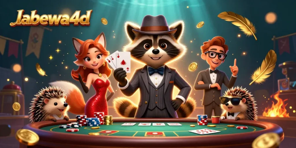 Jelajahi labewa4d dengan rakun bergaya dalam permainan poker yang mendebarkan, dikelilingi koin emas dan efek atmosfer api.